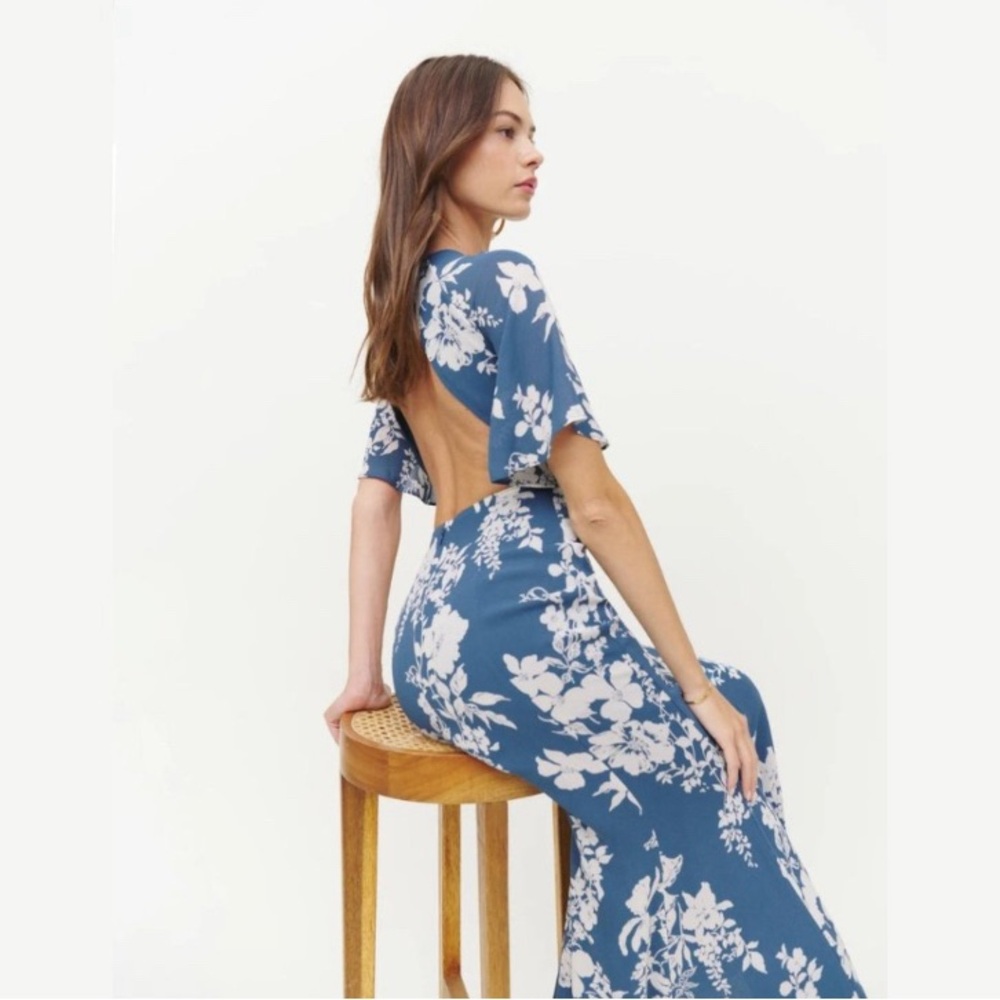 Reformation | Carletta Floral Maxi Open Back Dress in Cyanotype Blue